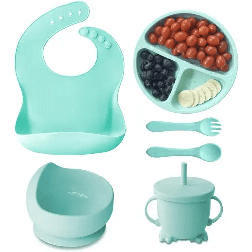 HOGA Silicone Baby Feeding Set, Safe & Easy to Clean Baby Led Weaning Supplies with Suction Bowl | Divided Plate | Straw Sippy Cup Spoon | Fork and Bibs, Dinnerware Set for Babies 6+ Months(Green)