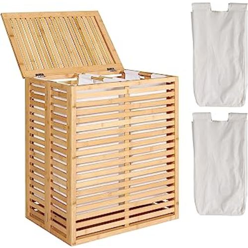 Amazon.com: VEIKOU Hamper with Lid, Bamboo Laundry Hamper 2 Compartment, Divider Dirty Clothes Hamper, 120L Large Foldable Laundry Hamper with Removable Liners Bags : Home & Kitchen
