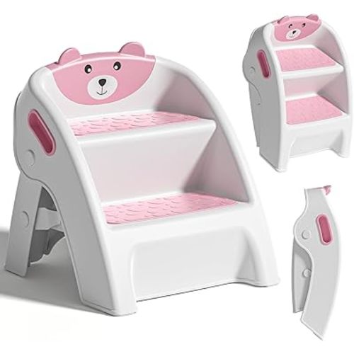 TPN Toddler Step Stool for Bathroom Sink and Potty Training Durable Anti-Slip,Anti-Tip A-Frame,10-Second Assembly, 2-Step Potty Stool with Wide Steps (Pink)