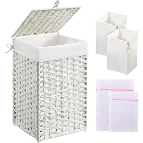 Greenstell Laundry Hamper with Lid, 60L Clothes Hamper with 2 Removable Liner Bags & 2 Mesh Bags, Handwoven Synthetic Rattan Basket, Toys in Bathroom, Bedroom White