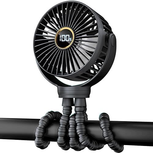 Portable Stroller Fan, Small Battery Powered Fan w/ 360° Rotation, 3-Speed, Rechargebale Mini Personal Fan w/Display, Stroller Accessories Gift for Car Seat, Crib, Bike, Treadmill, Black