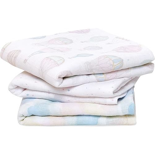 aden + anais Boutique Musy Squares, 100% Organic Cotton Muslin, Lightweight and Beathable Diaper Bag Essential, 3 Pack, Above The Clouds