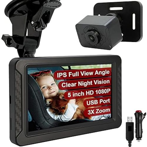 Night Vision Baby Car Camera, 5" HD 1080P IPS Display with 3X Zoom & 360° Adjustment - USB/Cigarette Lighter Powered, HD Backseat Baby Monitor for Rear Facing Infant Safety in Cars/Trucks/SUVs