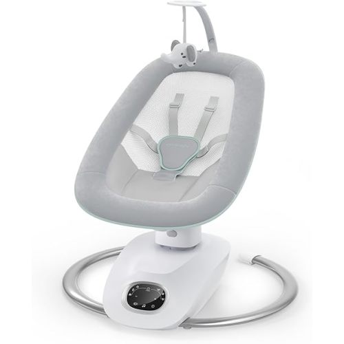 Momcozy CocoSway 3D-Motion Baby Swing for Infants to Toddlers, 6 Motion Modes & 4 Speeds, 180° Rotating Seat, Remote Control, Reclining Seat with 5-Point Harness, 8 Preset Lullabies, Grey