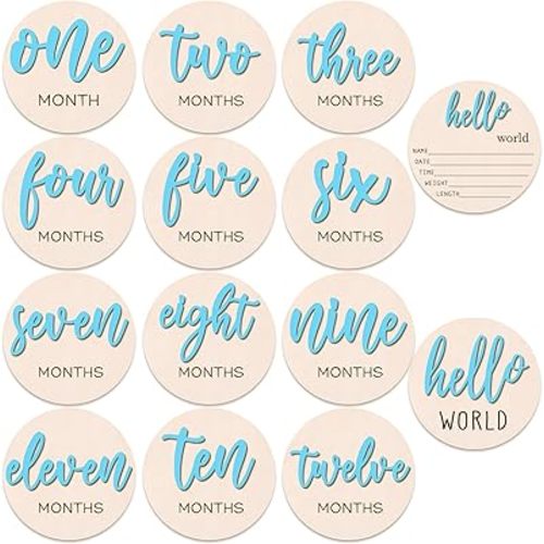 7 PCS Baby Monthly Milestone Wooden Signs 3D Girl Baby 1-12 Months Announcement Card Sign Wood Markers Disc Block Baby Keepsake Double Sided Engraved Keepsake Photo Prop (Blue)