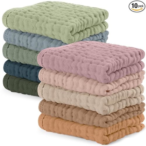 Comfy Cubs Muslin Baby Washcloths 10 Pack - Soft 6-Layer Cotton Wash Cloths for Sensitive Skin - 10"x10" Large, Gentle, Absorbent Infant Essentials for Newborn and Toddlers - Multicolor