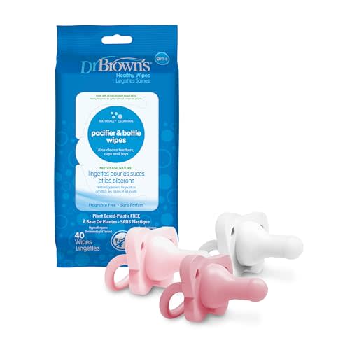 Dr. Brown's HappyPaci 100% Silicone Pacifier 0-6m, BPA Free, White, Pink, Light Pink, 3 Pack and Pacifier and Bottle Wipes, 40 Count