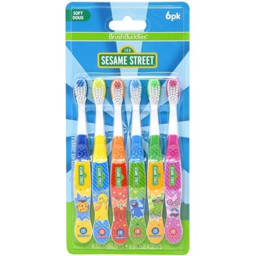 Brush Buddies Sesame Street Toothbrushes for Kids, Soft Bristle Toddler Toothbrushes Ages 2-4, Fun Sesame Street Designs, 6-Count Set