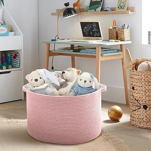 Extra Large Pink Basket, 22"x22"x14" Woven Cotton Rope Bin with Handles, Blanket Storage for Living Room, Baby Kids Toy Storage Bin Box, Wicker Laundry Basket, Pink Room Decor Organizing