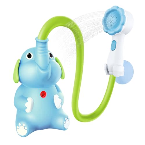Baby Bath Shower Head for Kids Ages 1-3 Essentials, EDCREATY Rechargeable Cute Elephant Sprays Bathtub Toys with Rubber Hose Spout for 0 6 12 18 Months Toddlers Newborn Infants Boys and Girls(Blue)