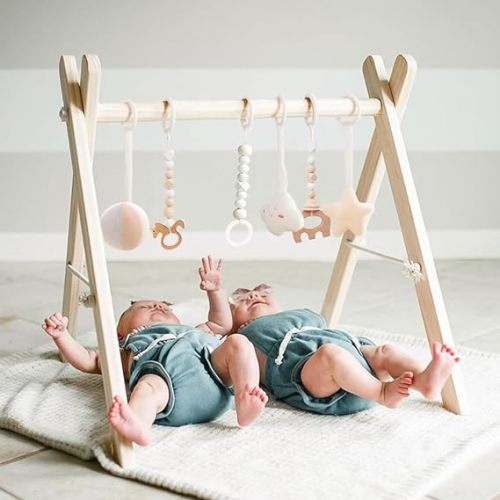 Wooden Baby Gym with 6 Gym Toys, Foldable Baby Play Gym, Natural Pine Wood Play Gym, Frame Activity Center Hanging Bar Newborn Gift Grey, Newborn Gift for Baby Girl and Boy - wooden play gym
