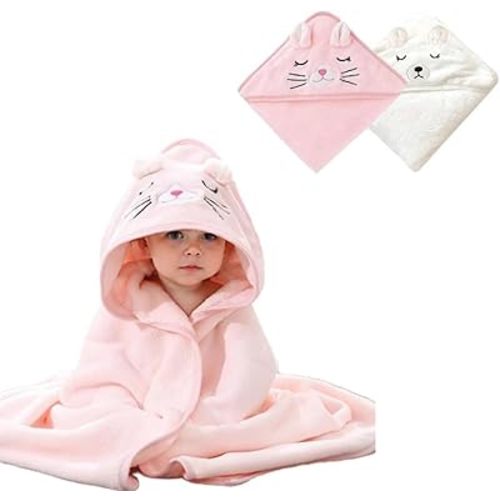 2 Pcs Hooded Baby Towel, Absorbent, Ultra Soft, with Hood, Animal Design, Cute Baby Bath Towel, Towel Poncho, for Newborn, Baby Boys, Girls (Cat+Bear)