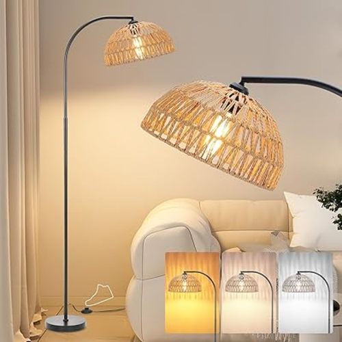 Boho Arc Floor Lamp for Living Room with Rattan Lampshade, 65in Farmhouse Vintage Tall Lamp with Foot Switch, Bohemian Standing Lamp for Bedroom Office, Over Couch Reading Lamp