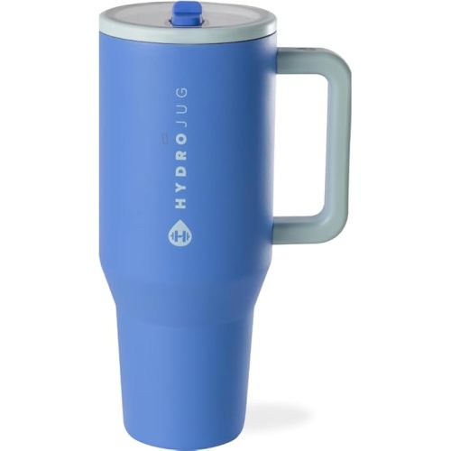 HydroJug Traveler - 40 oz Water Bottle with Handle & Flip Straw - Fits in Cup Holder, Leak Resistant Tumbler-Reusable Insulated Stainless Steel & Rubber Base - Gifts for Women & Men, Riptide