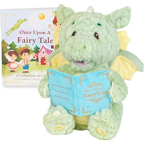 Cuddle Barn - Read-with-Me Dustin | Soft Storytelling Plush with Board Book | Fluffy Green Dragon Stuffed Animal Sways and Moves Mouth | Reads 3 Fairy Tales with Pause and Skip Buttons - 12 inches