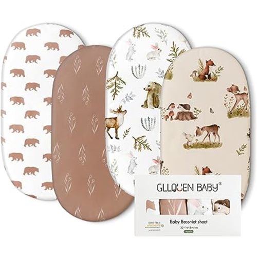 Gllquen Baby Bassinet Sheets 4 Pack, Breathable Cozy Fitted Mattress Sheet, Elastic Travel Crib Fashionable Floral Pattern, Standard Cradle Safe Sheets for Baby Boy Girls 32"X16" (Bear)