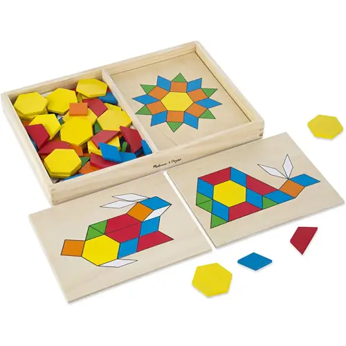 Melissa & Doug Pattern Blocks and Boards - Wooden Classic Toy With 120 Solid Wood Shapes and 5 Double-Sided Panels, Multi-colored - STEAM Animals, Tangrams Puzzle For Kids Ages 3+