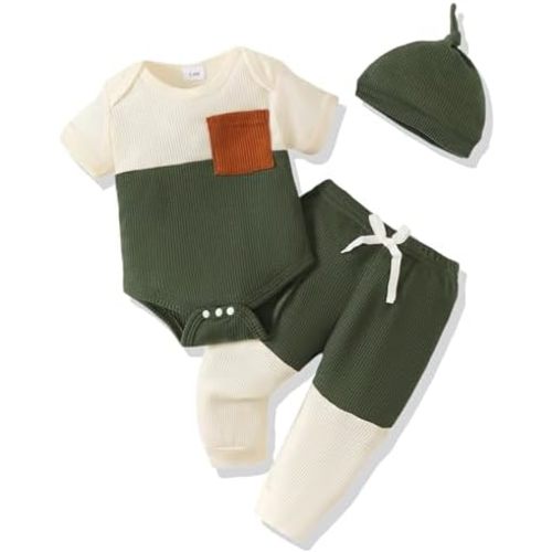 NZRVAWS Newborn Baby Boy Clothes Ribbed Knitted Romper Pants Color Block Infant Outfits Hat Clothing Set 0 3 6 9 12 Months