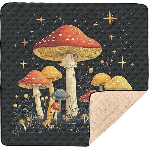 Mushrooms Black Soft Thick Baby Playmat for Floor Washable Baby Kick Crawling Mat for Babies Infants Toddlers, 50'' x 50''
