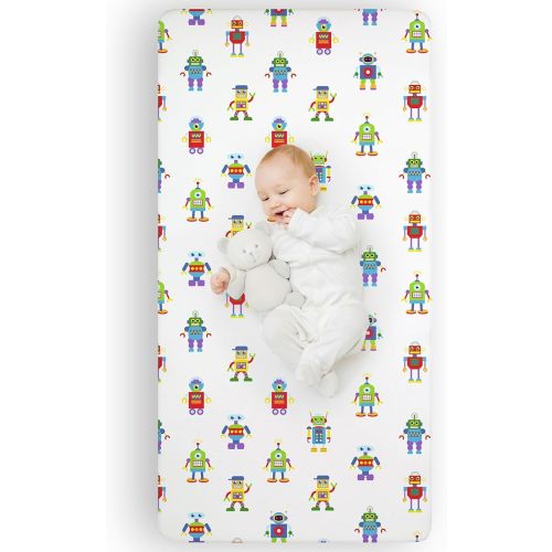 Wildkin Kids 100% Microfiber Crib Sheet – Soft, Breathable Fitted Sheet - Robots