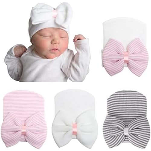 4 Pack Newborn Hats for Baby Girls Bow Infant Hat Cotton Cute Nursery Caps Newborn Beanie Baby Hats 0-3 Months