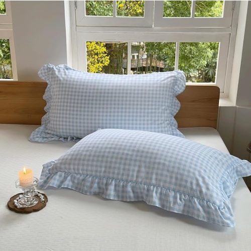 NSNLGSGC Light Blue Ruffled Plaid Gingham Queen Size Pillow Shams 20"x30", Set of 2 Checked Pre-Washed Microfiber Farmhouse Pillowcases for Bed/Sofa (20"x30", Light Blue Gingham)
