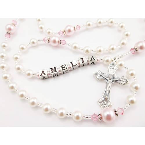 Personalized Rosary Beads in White and Pink Baptism Gift - Etsy