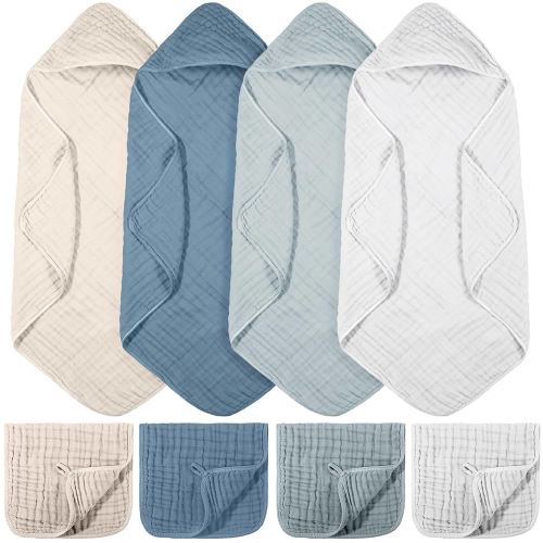 8 Pcs Baby Muslin Hooded Bath Towels and Washcloths, 32 x 32 Inch Muslin Cotton Hooded Baby Towels Absorbent Hooded Blankets for Gift Newborn Infant Shower (Blue,White)