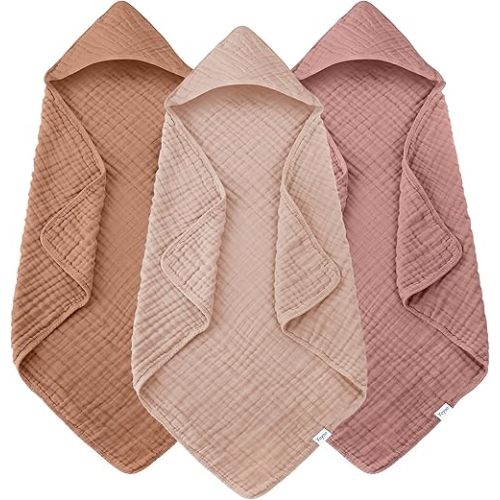 Muslin Hooded Baby Bath Towels - 3 Pack 100% Cotton Ultra-Soft Towels for Newborns, Infants, Toddlers - 32x32 Inch - Highly Absorbent, Quick-Dry Essentials for Bath, Beach, Pool, Bean Paste Series