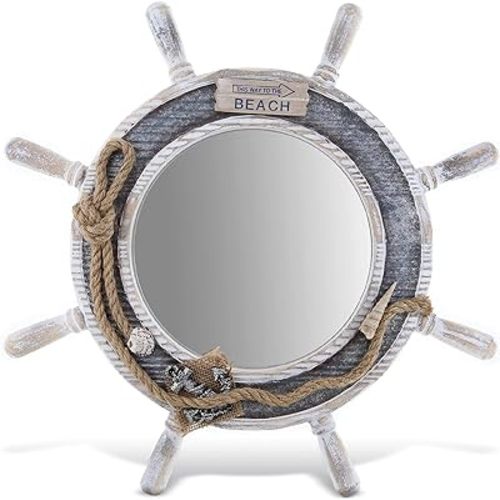 CoTa Global Silver Sea Beach Wall Decor Nautical Ship Wheel Mirror - Handcrafted Wooden Ship Wheel Mirror with Hanger, Nautical Themed Home Decor, Decorative Ornament