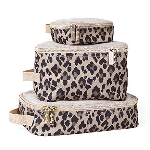 Itzy Ritzy Packing Cubes for Travel – Set of 3 Packing Cubes or Travel Organizers; Each Travel Cube Features a Mesh Top, Double Zippers and a Fabric Handle (Leopard)