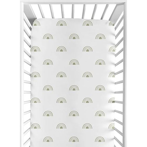 Sweet Jojo Designs White and Sage Boho Rainbow Boy or Girl Fitted Crib Sheet Baby or Toddler Bed Nursery - Green Bohemian Celestial Sky Outdoors Nature Gender Neutral