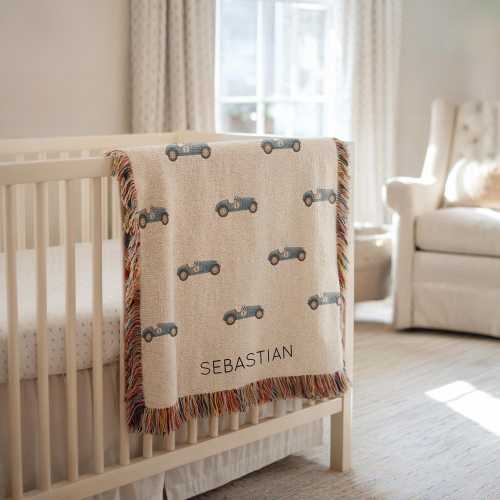 Personalized Blue Vintage Race Car Baby Blanket, Custom Race Car Name Blanket for Boys, Racing Nursery Throw Baby Shower Gift for Racer Baby