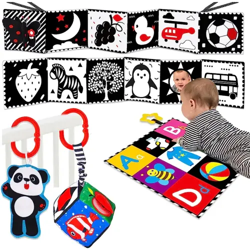 4 PCS Black and White High Contrast Baby Toys 0-3-6 Months Newborn Essential Montessori Toys for Babies Crinkle Sensory Book for Brain Development Tummy Time Mirror Infant Carseat Rattle 9 Month Gift