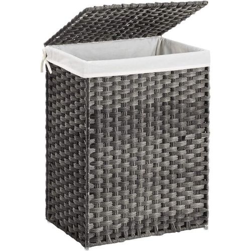 Songmics Slim Laundry Hamper With Lid, Rattan Clothes Laundry Basket With Lid And Handles, Foldable, Removable Liner, Dove Gray