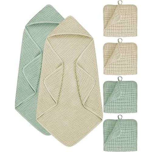 6Pcs Baby Muslin Hooded Bath Towels and Washcloths,32"x 32" Muslin Cotton Hooded Baby Towels for Newborn Shower