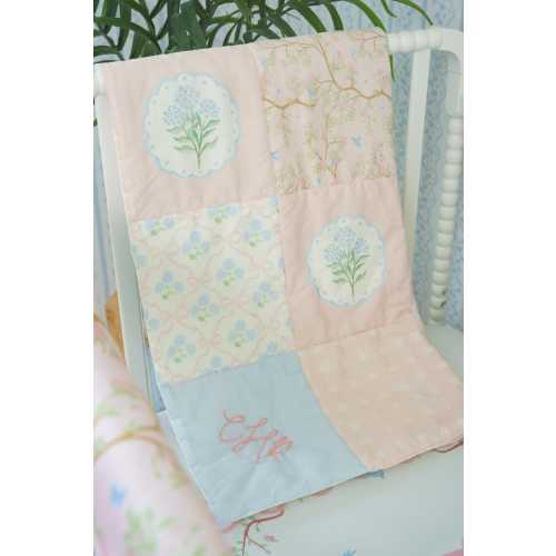 Baby Girl Crib Quilt, Grandmillennial, Granny Chic, Organic Cotton, Plaid, Pink and Blue, Comforter, Bow Nursery Decor, Hydrangea, Heirloom
