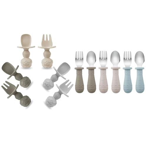 PandaEar Silicone Baby Spoons & Toddler Utensils (Light Tan/Walnut/Blue)