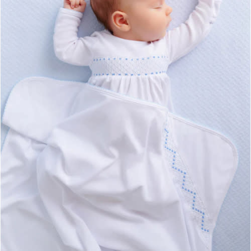 Sweetly Smocked Blessing Blanket - Worth Avenue White with Buckhead Bl