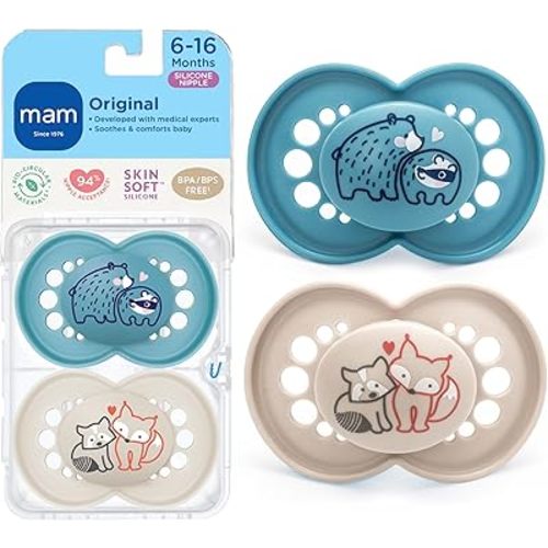 MAM Original Matte Baby Pacifiers 6-16 Months, Binky for Newborn Babies, BPA-Free Skin Soft Silicone Nipple, Easy to Clean, Developed with Medical Experts, 2 Count, With Sterilizer Case Made in Europe