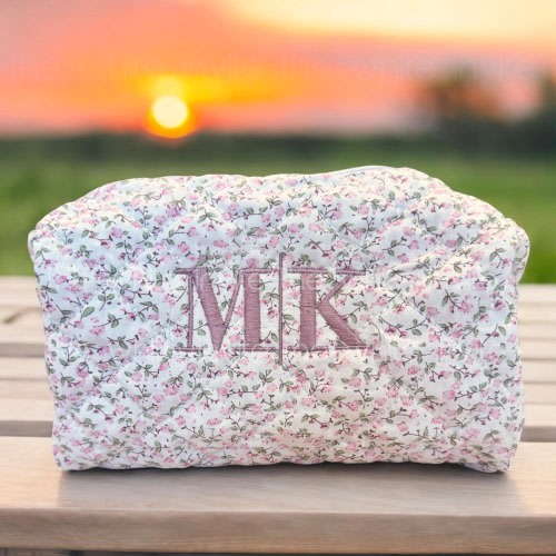 Personalized Floral Makeup Bag Custom Gift Mother's Day Embroidered Quilted Toiletry Pouch Travel Cosmetic Case Birthday Present for Her