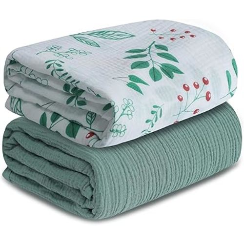 Muslin Swaddle Blankets for Newborn, 2 Pack Breathable Soft Receiving Blanket, Large 41 x 41 inches Swaddle Wrap Burping Clothes, Essentials Infant Shower Items. (Green & Leaves)