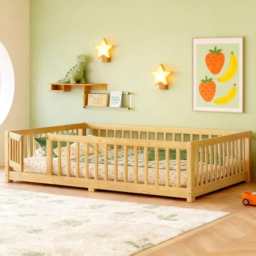 Full Size Floor Bed with Door and Support Slats, Wood Kids Floor Bed with Full-length Guardrails, Montessori Floor Bed Frame for Kids, Boys, Girls, Childlike and No Box Spring Needed Design, Nature