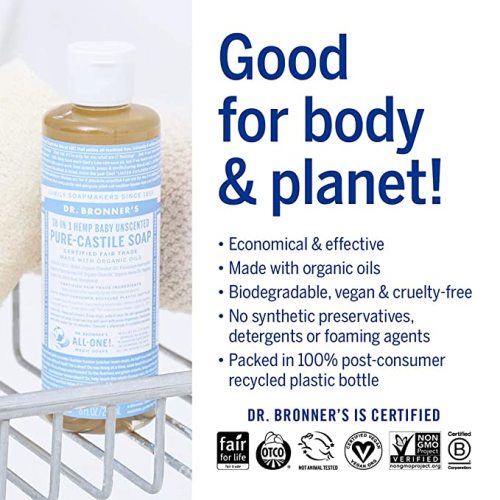 Dr. Bronner's - Pure-Castile Liquid Soap (Baby Unscented, 8 Ounce) - Made with Organic Oils, 18-in-1 Uses: Face, Hair, Laundry, Dishes, For Sensitive Skin, Babies, No Added Fragrance, Vegan, Non-GMO - 8 oz