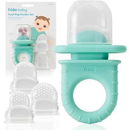 Frida Baby Push Pop Feeder, Baby Fruit Feeder, Baby Fruit Food Feeder to Safely Introduce New Foods, Fresh + Frozen Food Silicone Feeder for Babies, BPA Free, Dishwasher Safe | 3 Count, Teal