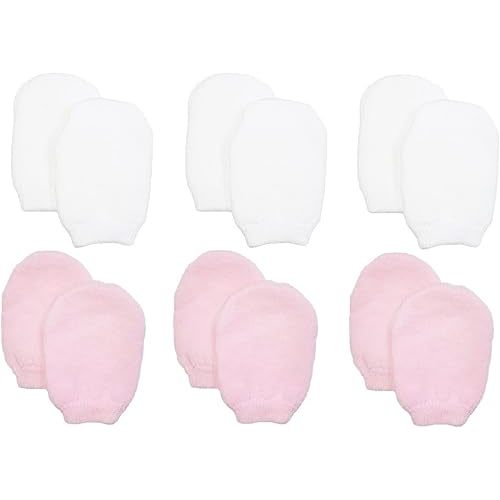 Newborn Baby Girl No Scratch Cotton Mittens (Includes 3 Pairs White & 3 Pairs Pink Mittens)