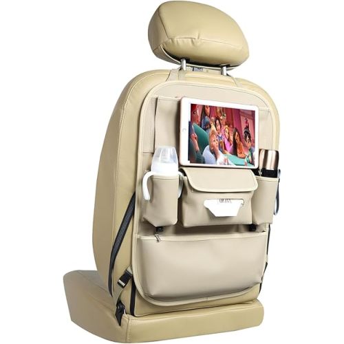Car Seat Organizers Waterproof Backseat Protector with Storage Pocket Large Leather Kick Mats for Kids Pets Automobile SUV Truck (Beige, Large Pocket)