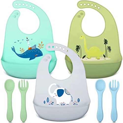 3 Pack Silicone Bibs for Babies with Spoon Fork Silicone Feeding Bibs for Toddlers Boys Kids Girls (Vivid Style)