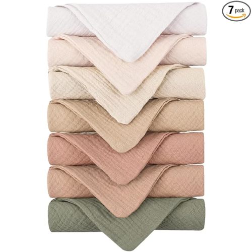 Konssy Baby Muslin Washcloths 7-Pack, 100% Cotton Baby Bath Washcloths, Soft & Absorbent Wash Cloths and Burp Cloths for Newborn Kids Girls & Boys, 11x11 inches
