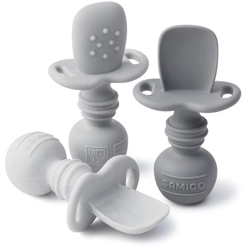 SAMiGO Silicone Baby Spoons Self Feeding 6+ Months - Infant Toddler Utensils - First Stage Baby Led Weaning Feeding Supplies - Set of 3 Pack